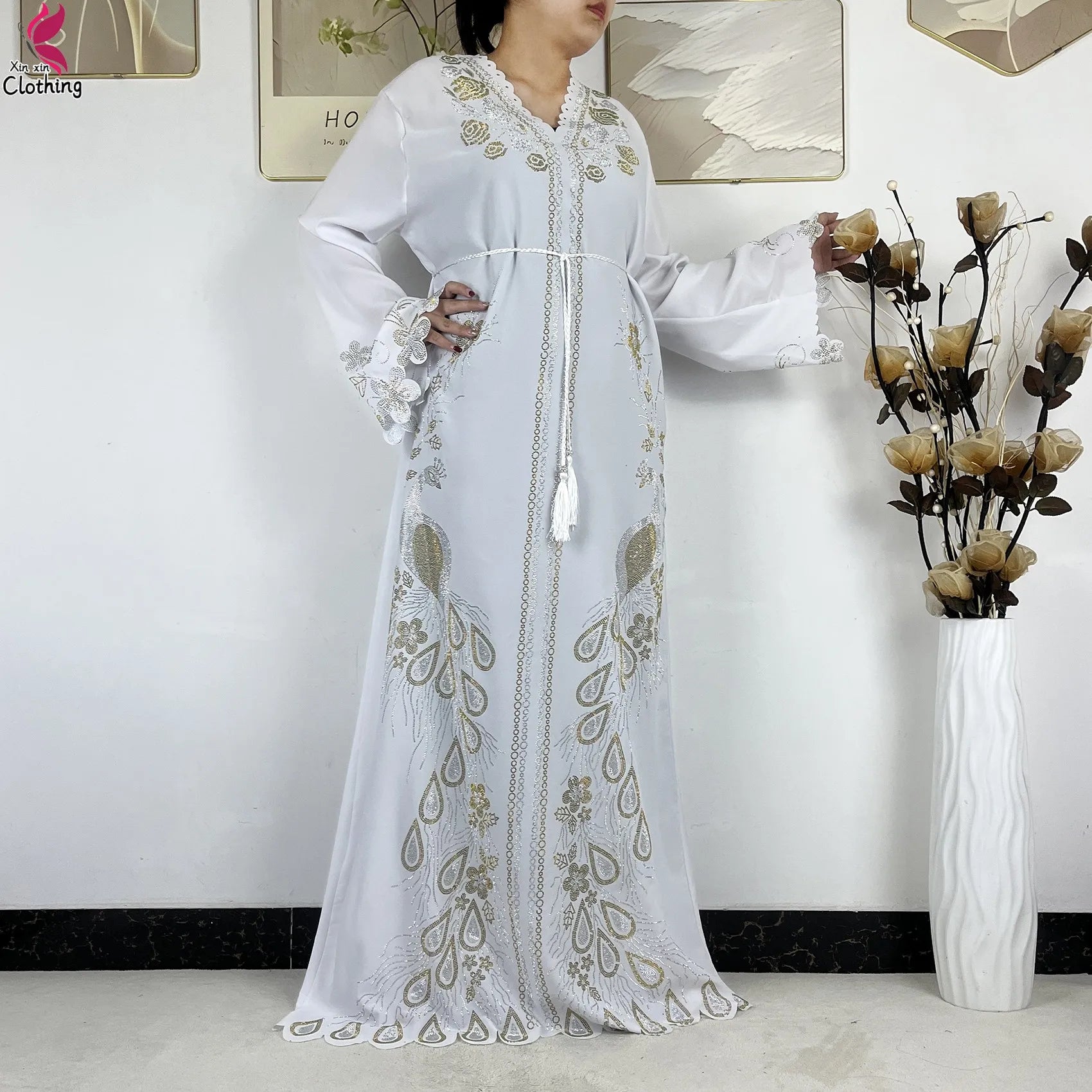 Elariah Diamond Chiffon Modest Abaya Dress – Elegant Long Sleeve Islamic Maxi Robe