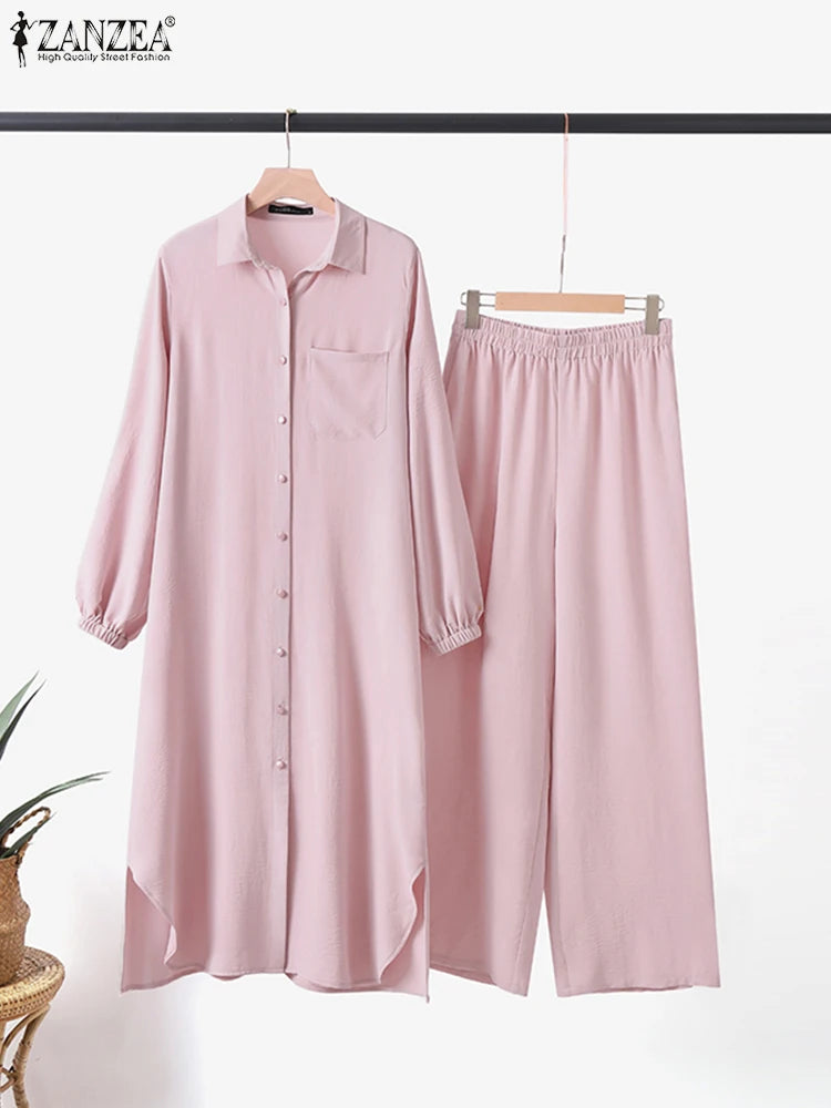 Elariah Modest Co-Ord Abaya Set – Long Sleeve Button Shirt & Wide-Leg Trousers | Casual Islamic Outfit for Women