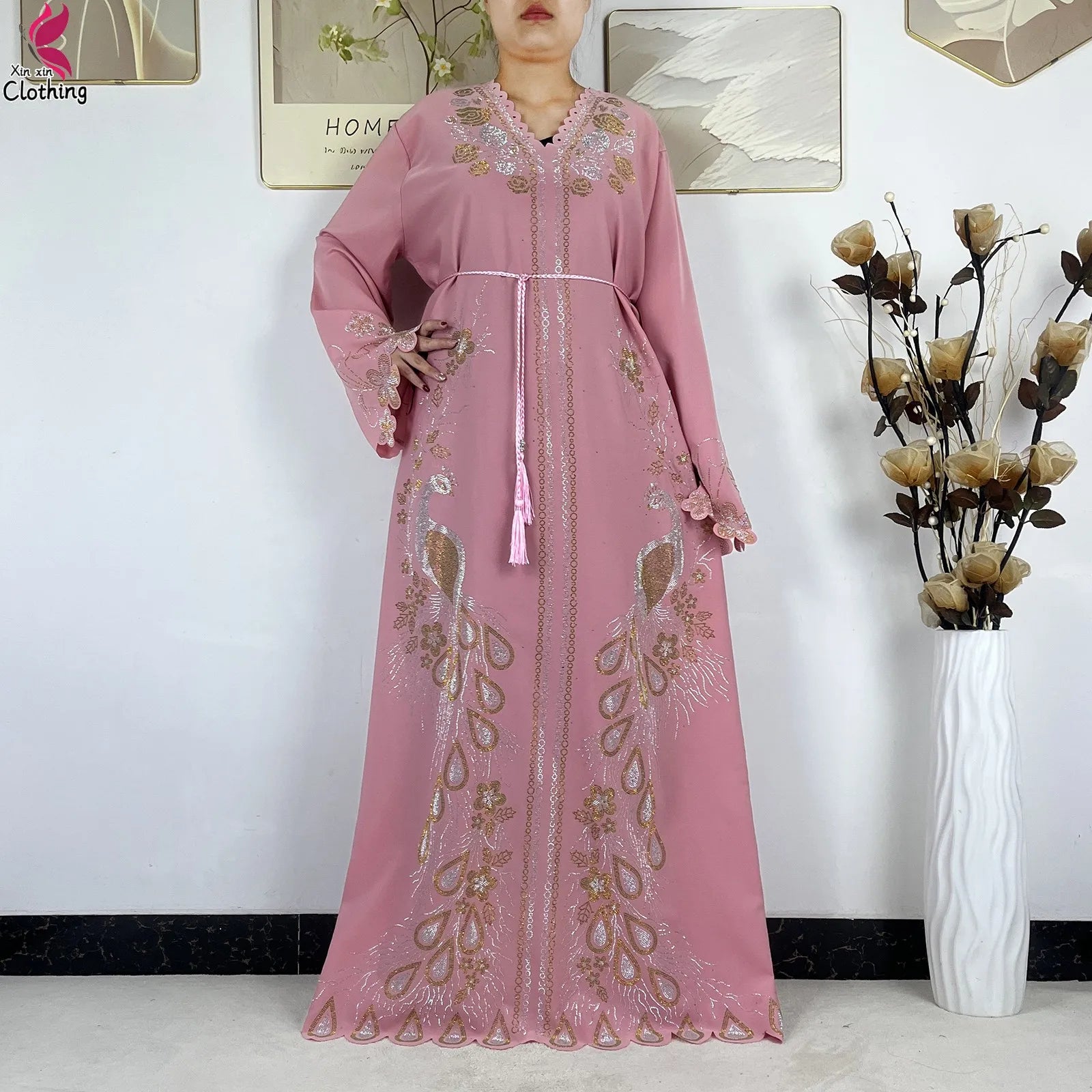 Elariah Diamond Chiffon Modest Abaya Dress – Elegant Long Sleeve Islamic Maxi Robe