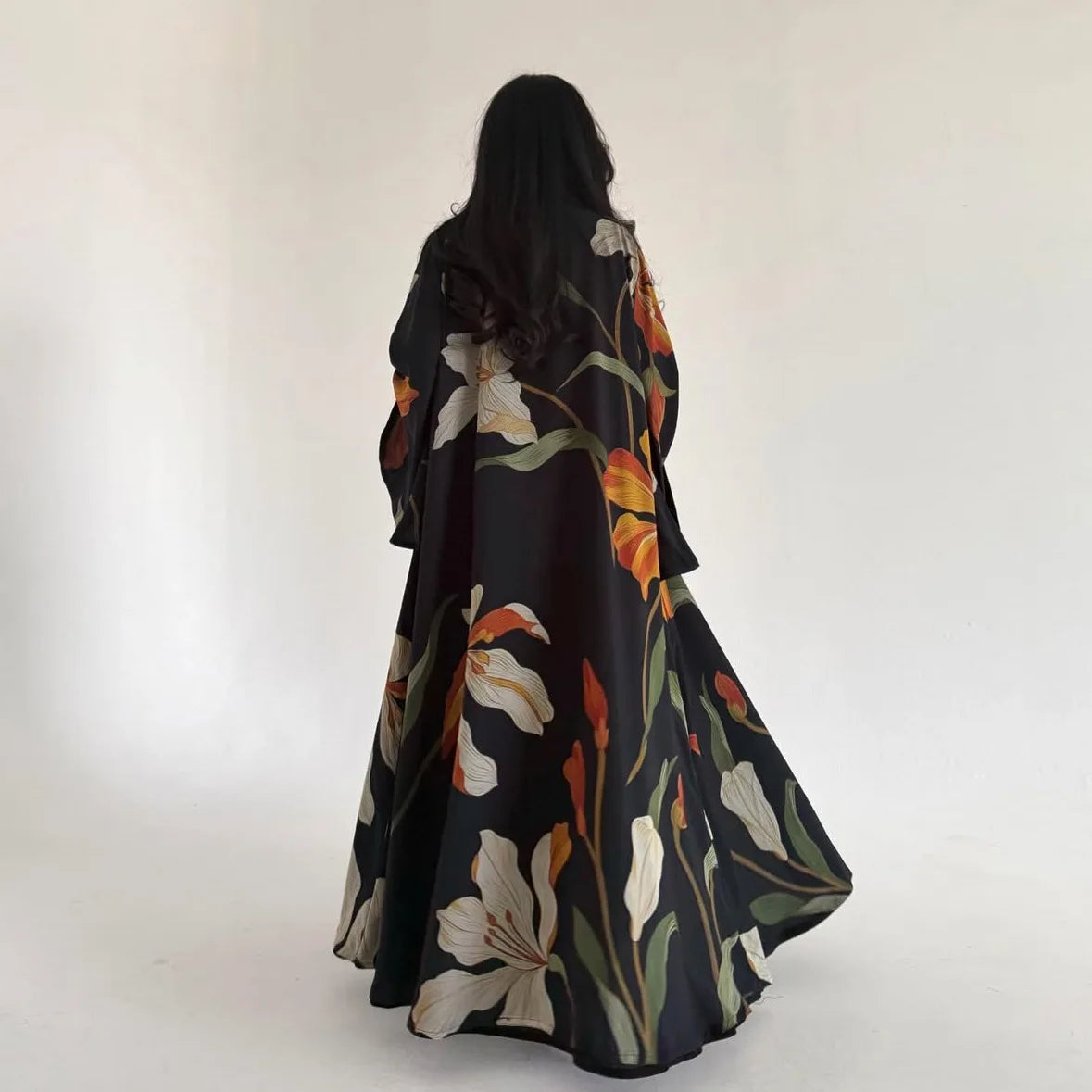 Abaya Elariah Femme Ouverte à Imprimé Floral avec Voile Assorti – Cardigan Maxi Modeste Kaftan, Polyester Noir