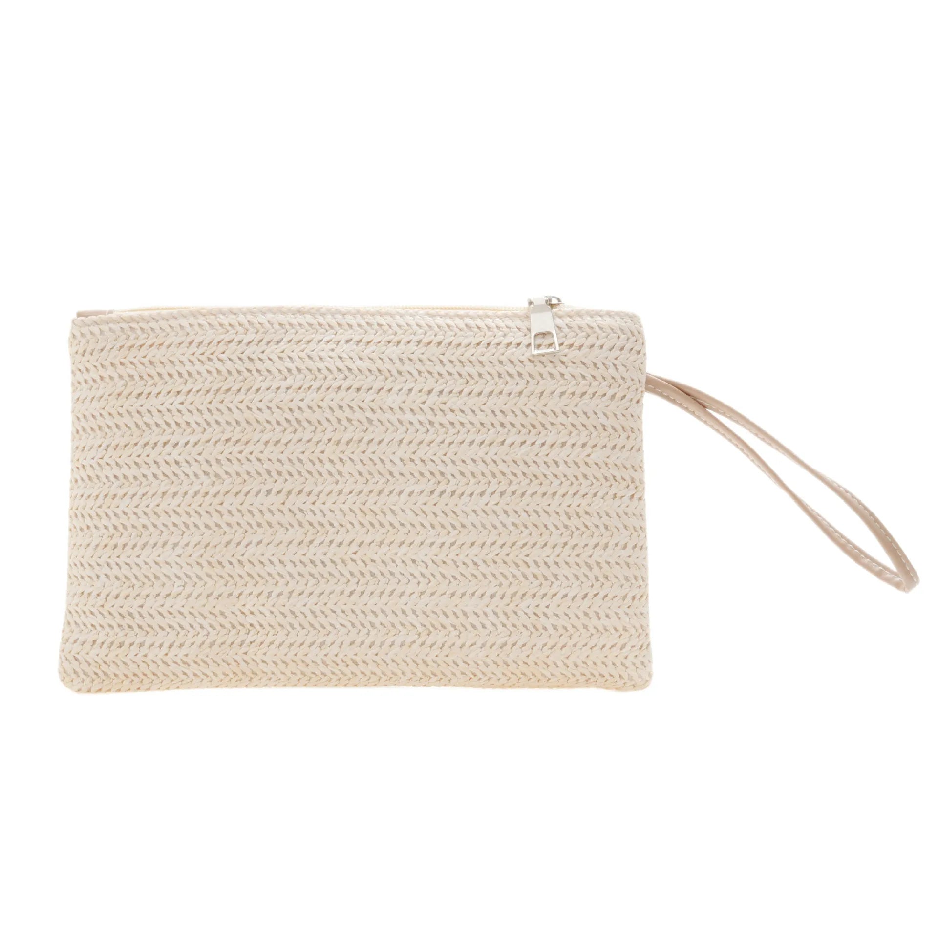 Elariah Woven Straw Wristlet Clutch Bag – Bohemian Summer Beach Handbag with Zipper (White, Khaki, Beige)