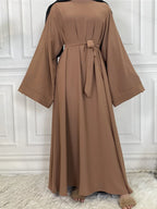 Elegant Modest Maxi Dress with Waist Tie – Long Sleeve Woven Abaya Style Dress for Women (All Season)