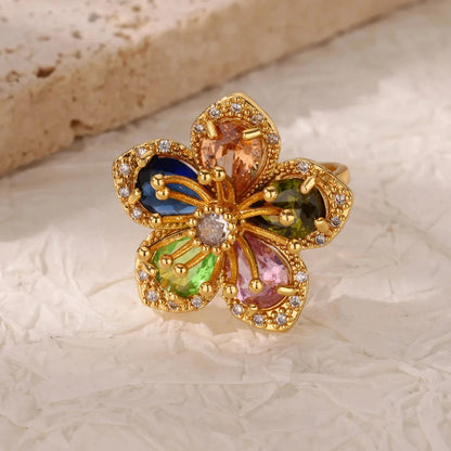 Luxury Gold-Plated Heart Ring with Colorful Zircon Stones – Adjustable Stainless Steel Cocktail Ring for Women
