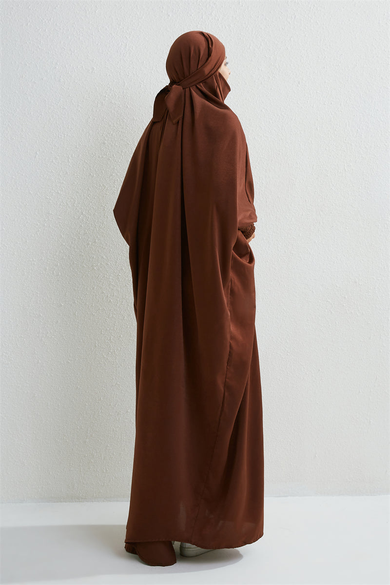 Elariah Hooded Modest Abaya Dress – Loose Fit One-Piece Jilbab with Smocked Sleeves (Black)