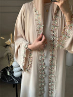 Elegant Beige Embroidered Abaya for Women – Dubai Style Modest Open Front Maxi Dress with Multicolour Detailing (All-Season)