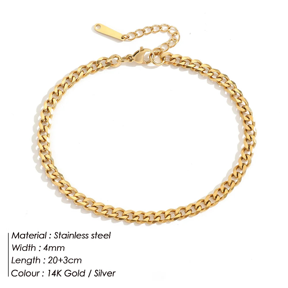 Bracelet de cheville minimaliste en acier inoxydable à chaîne cubaine pour femme – Bracelet de cheville de plage délicat et ajustable de 4 mm, doré ou argenté