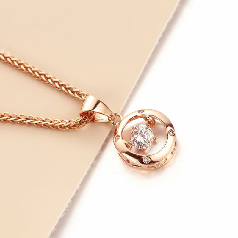 Collier avec pendentif rond en cristal et or rose 14 carats – Chaîne de clavicule classique en zircon pour femme