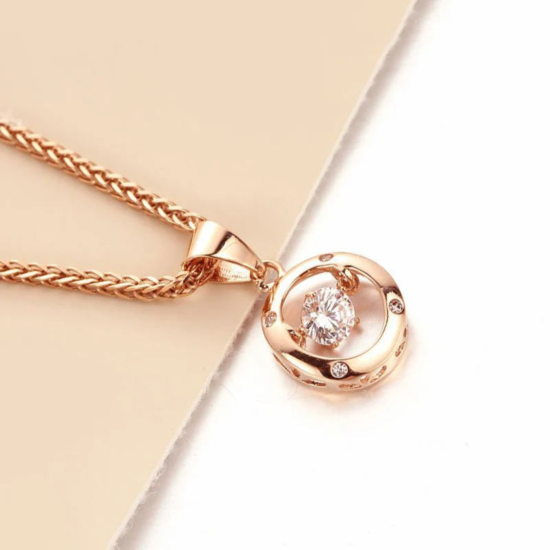 Collier avec pendentif rond en cristal et or rose 14 carats – Chaîne de clavicule classique en zircon pour femme
