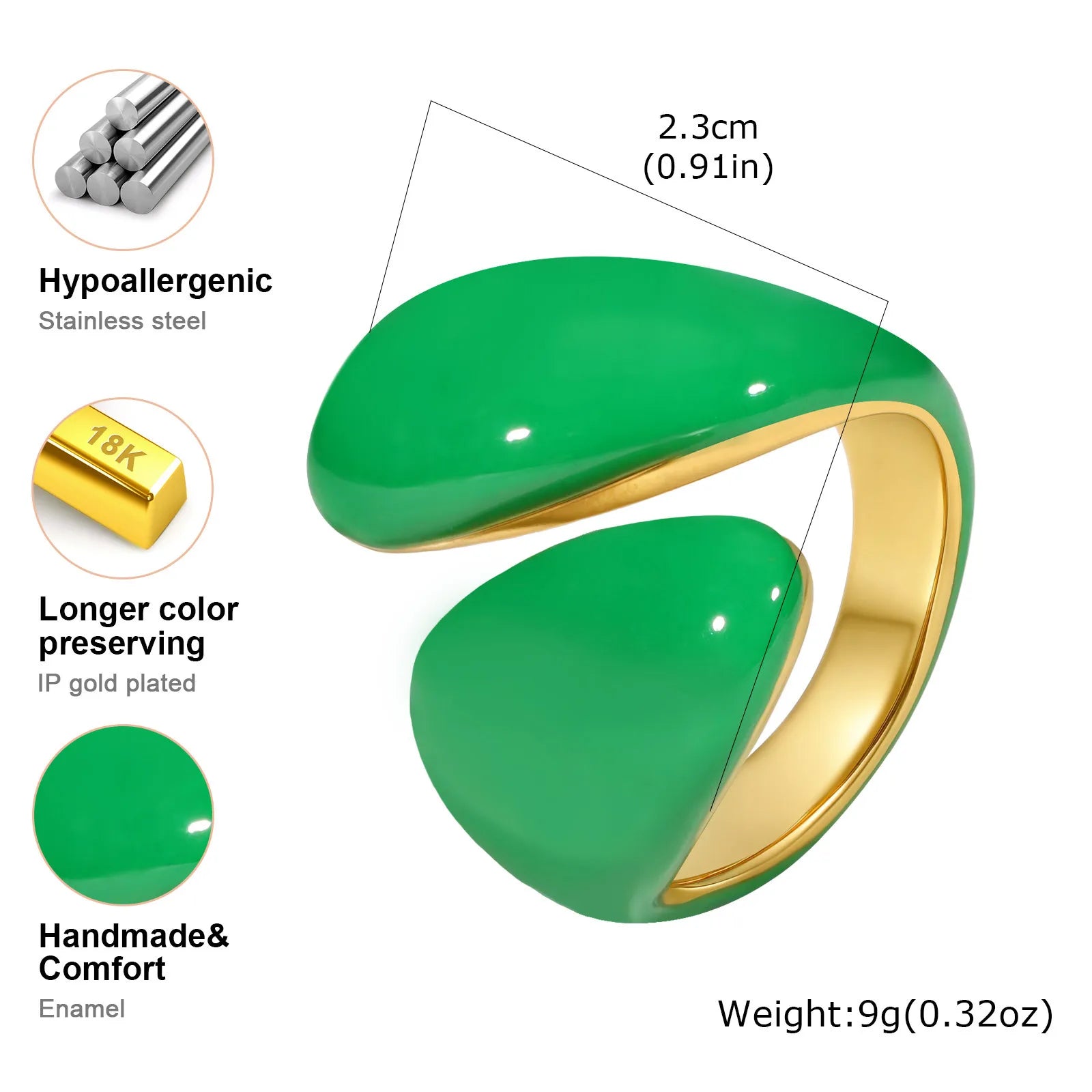 Bague torsadée épaisse en émail pour femme – Bague croisée ouverte en acier inoxydable plaqué or, anneau empilable étanche (bleu/vert/rose)