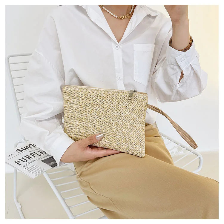 Elariah Woven Straw Wristlet Clutch Bag – Bohemian Summer Beach Handbag with Zipper (White, Khaki, Beige)
