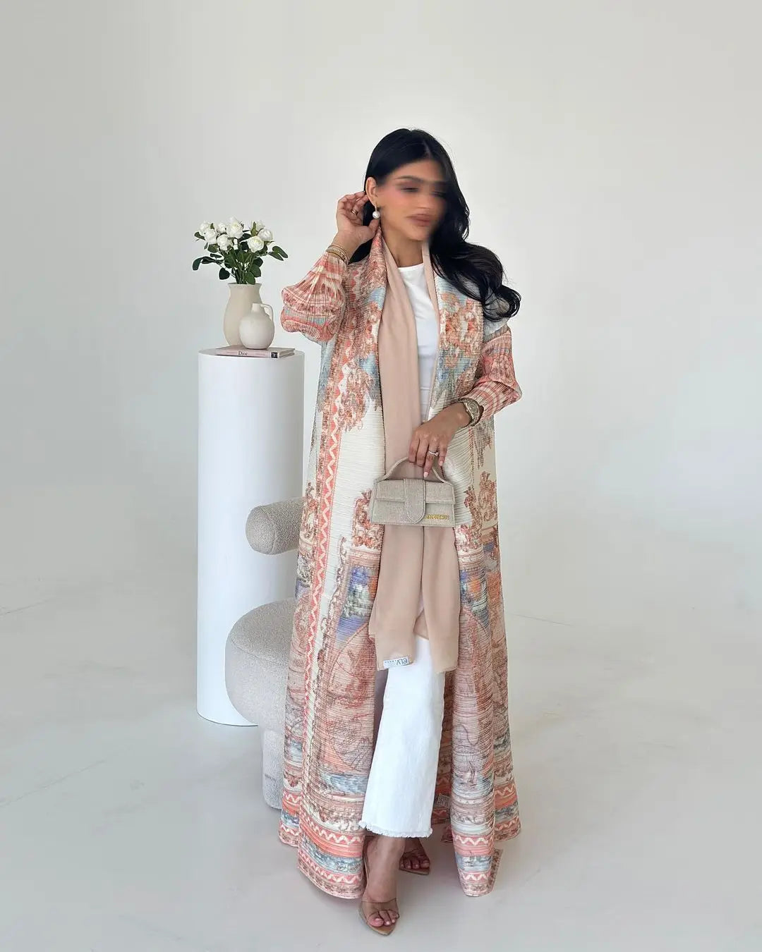Elariah Retro Printed Pleated Abaya Coat – Belted Chiffon Maxi Modest Windbreaker Jacket for Women (One Size)