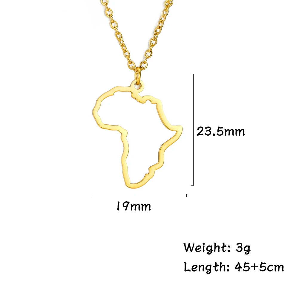 Collier pendentif tendance carte d'Afrique pour femme – Collier géométrique en acier inoxydable, coloris or, or rose ou acier.
