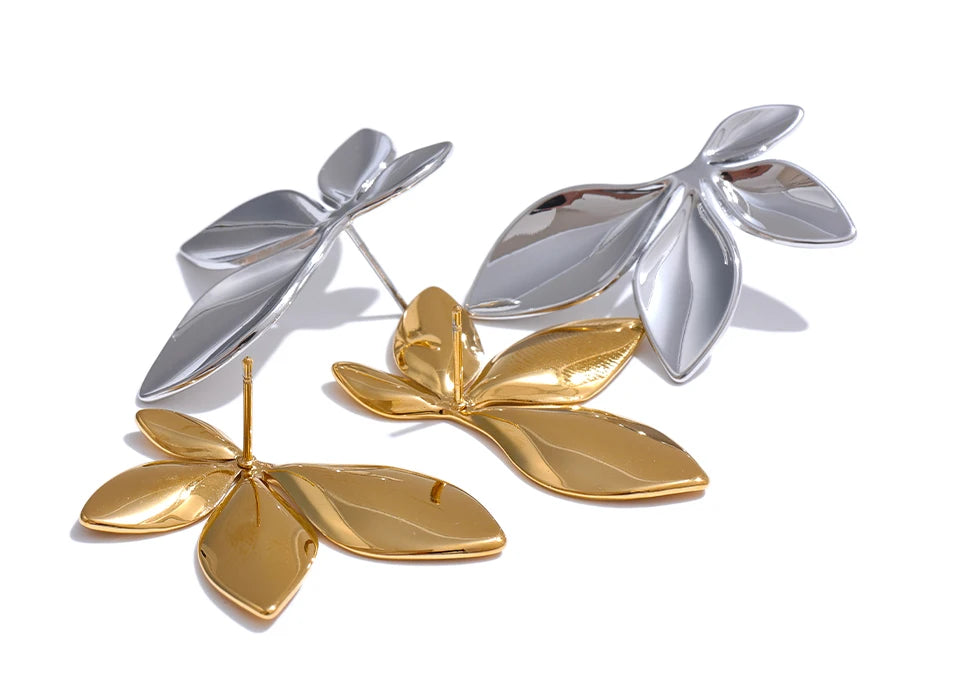 Gold Plated Stainless Steel Leaf Flower Stud Earrings – Waterproof & Hypoallergenic Jewelry for Women