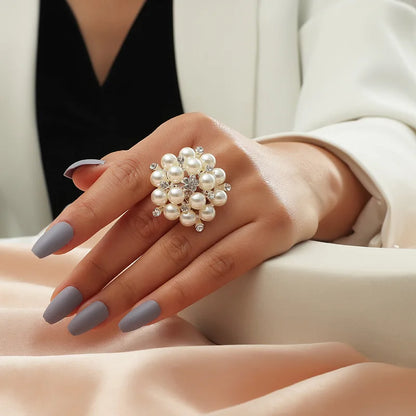 Vintage White Pearl Double-Layer Geometric Ring – Chunky Statement Ring for Women