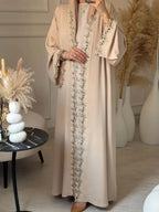 Elegant Beige Embroidered Abaya for Women – Dubai Style Modest Open Front Maxi Dress with Multicolour Detailing (All-Season)