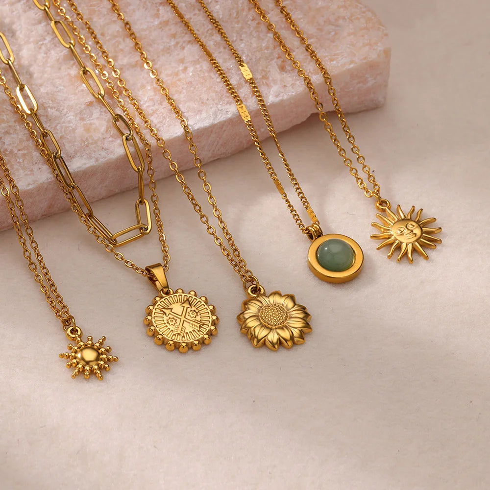 Collier géométrique avec pendentif tournesol – Chaîne de clavicule en acier inoxydable pour femme