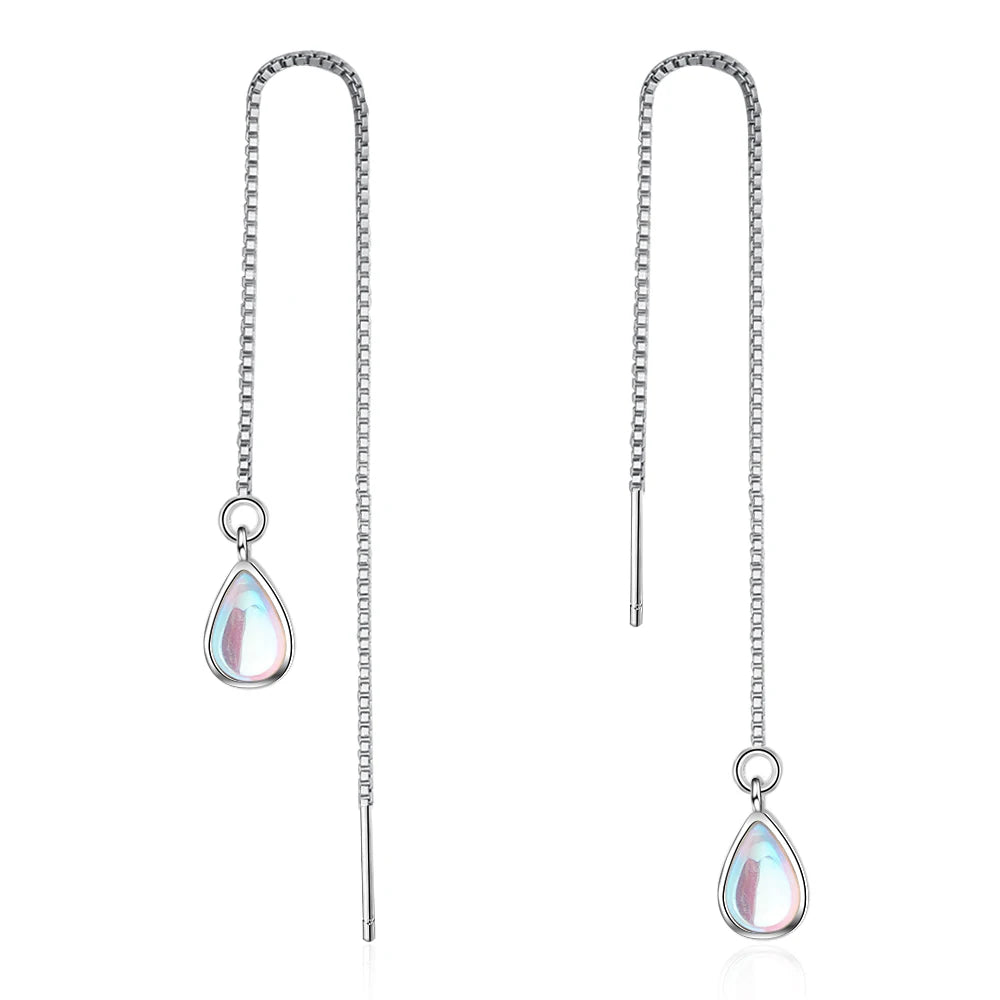 Elegant Teardrop Moonstone Threader Earrings – Long Chain Dangle Style for Women