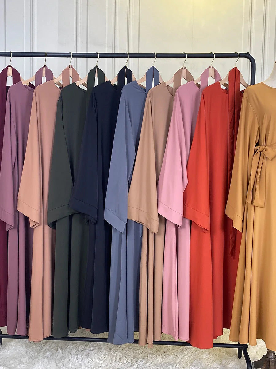 Elegant Modest Maxi Dress with Waist Tie – Long Sleeve Woven Abaya Style Dress for Women (All Season)