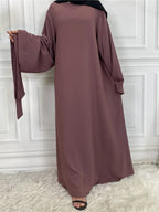 Elegant Modest Maxi Dress with Waist Tie – Long Sleeve Woven Abaya Style Dress for Women (All Season)