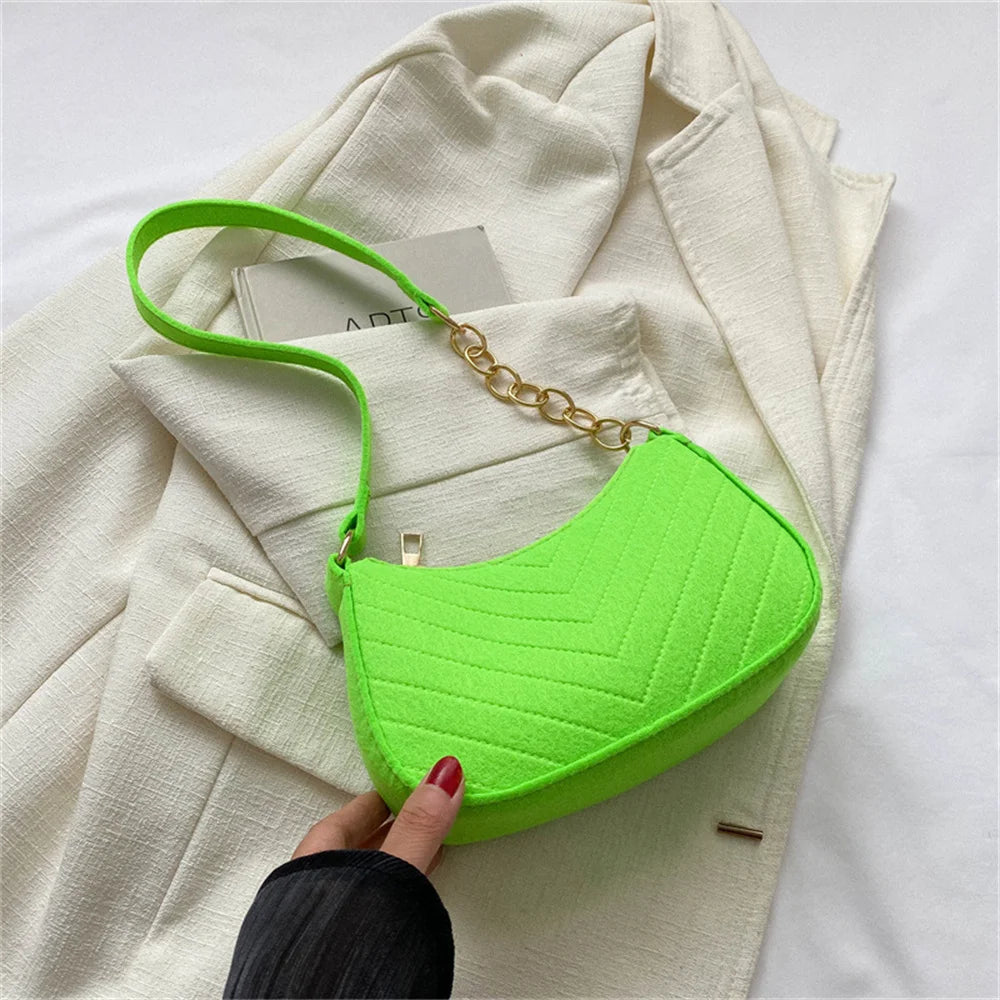 Bolso retro para mujer, tipo axila, de fieltro, de color liso, para hombro, informal, tipo bola de masa, sencillo, a la moda