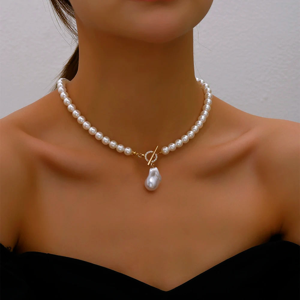 Elegant Big Pearl Crystal Pendant Choker Necklace – Romantic Wedding Jewelry for Women