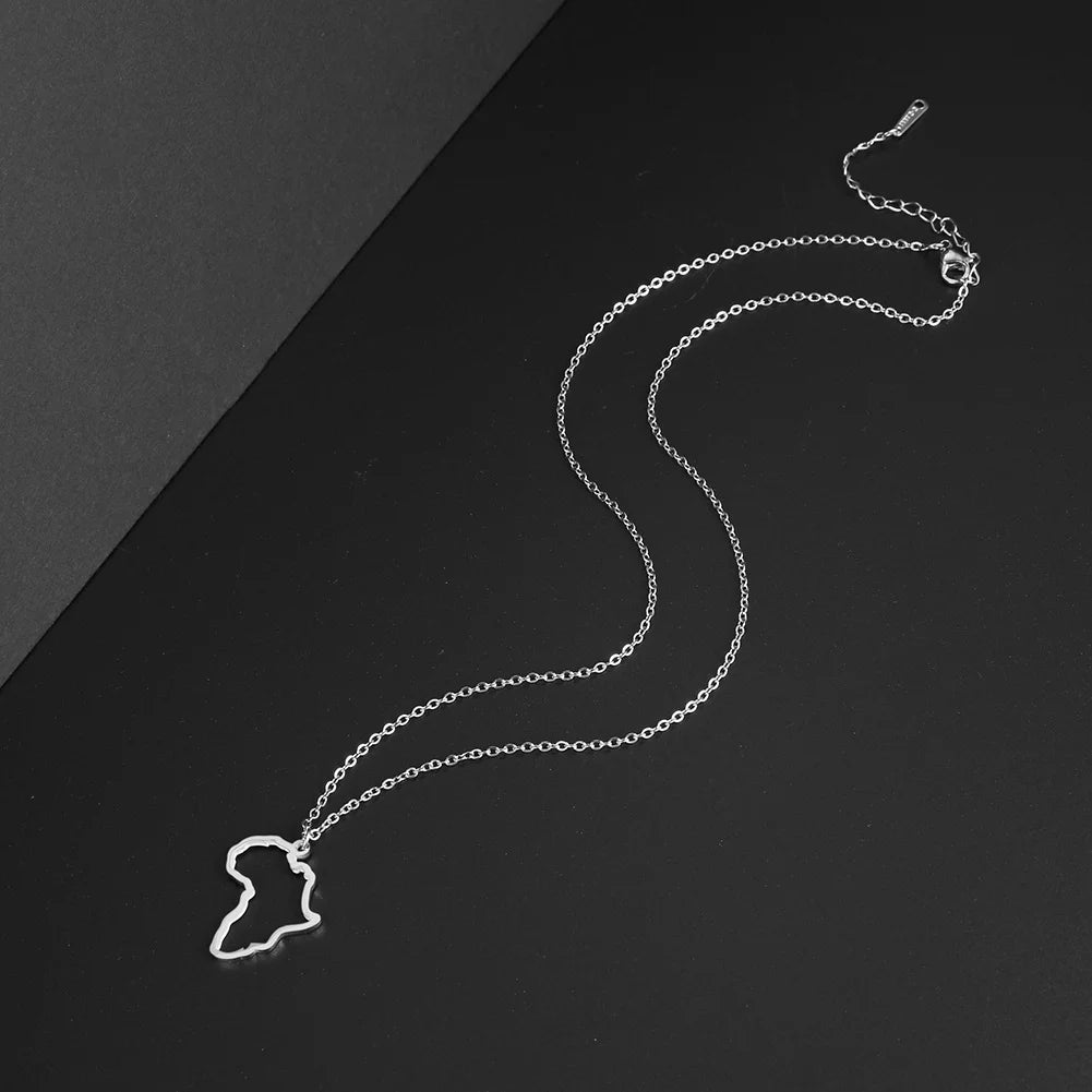 Collar con colgante de mapa africano de moda para mujer – Collar geométrico de acero inoxidable con la bandera de África, color oro, oro rosa o acero