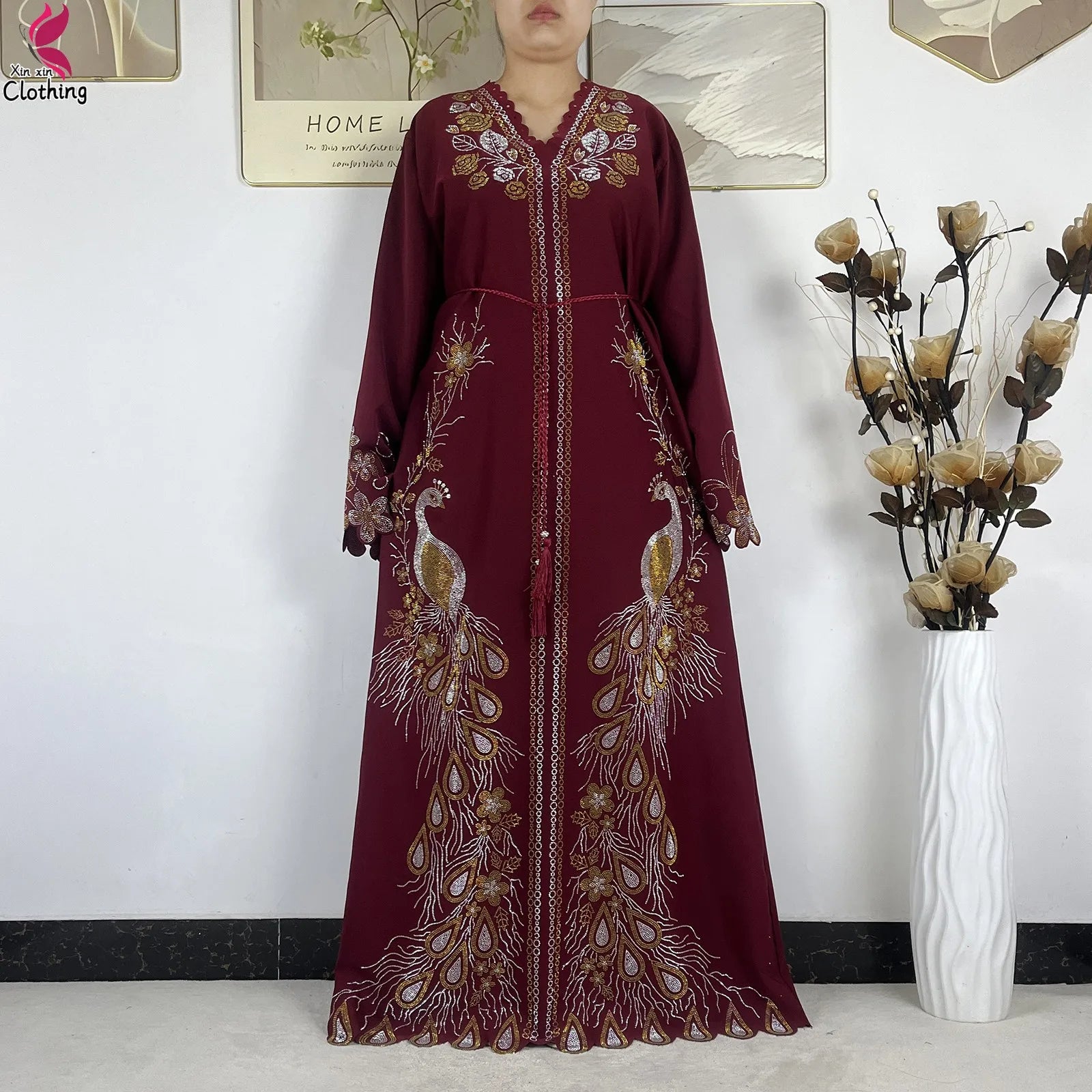 Elariah Diamond Chiffon Modest Abaya Dress – Elegant Long Sleeve Islamic Maxi Robe